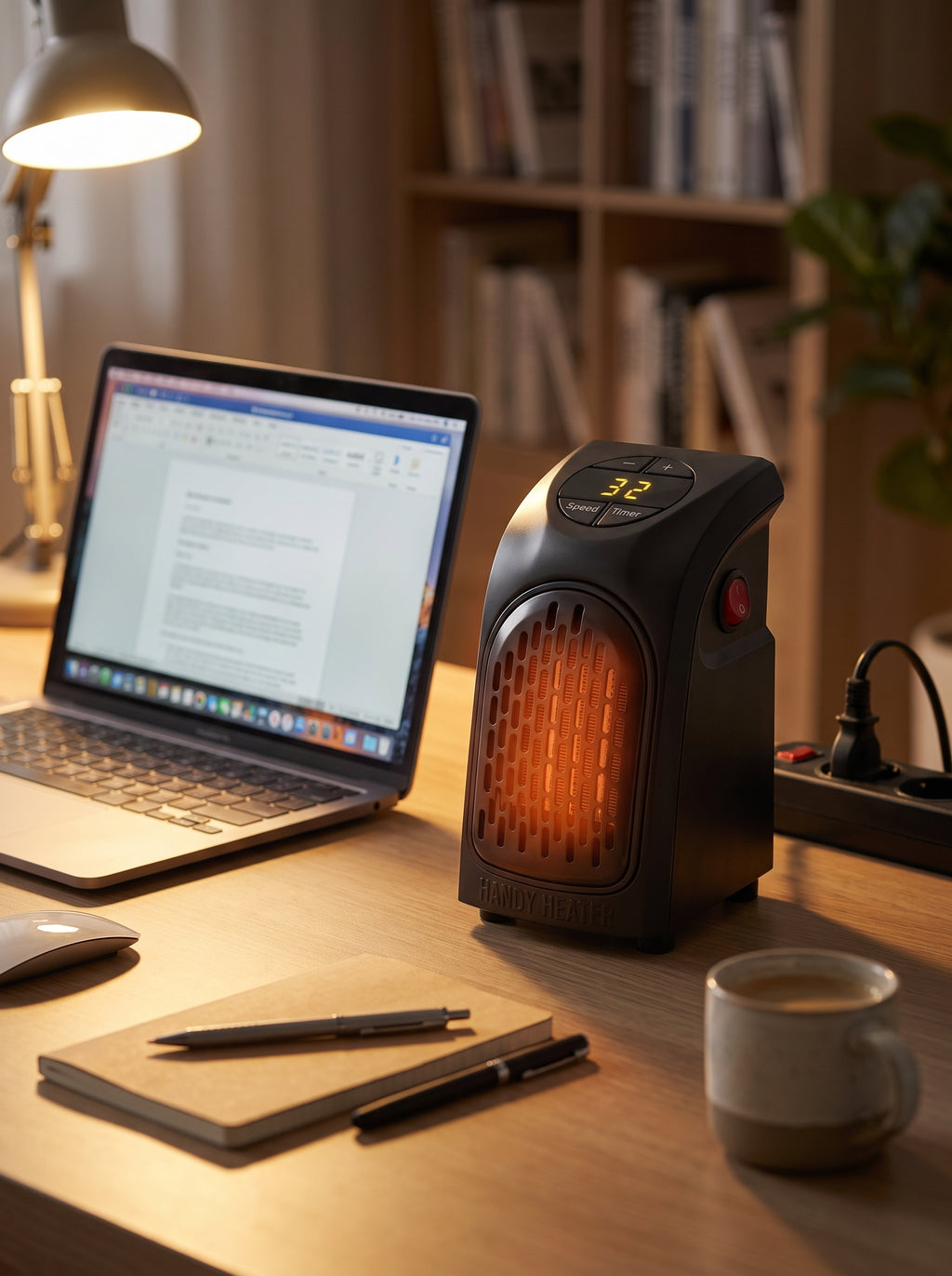 Calefactor cerámico Nido en un escritorio junto a un notebook