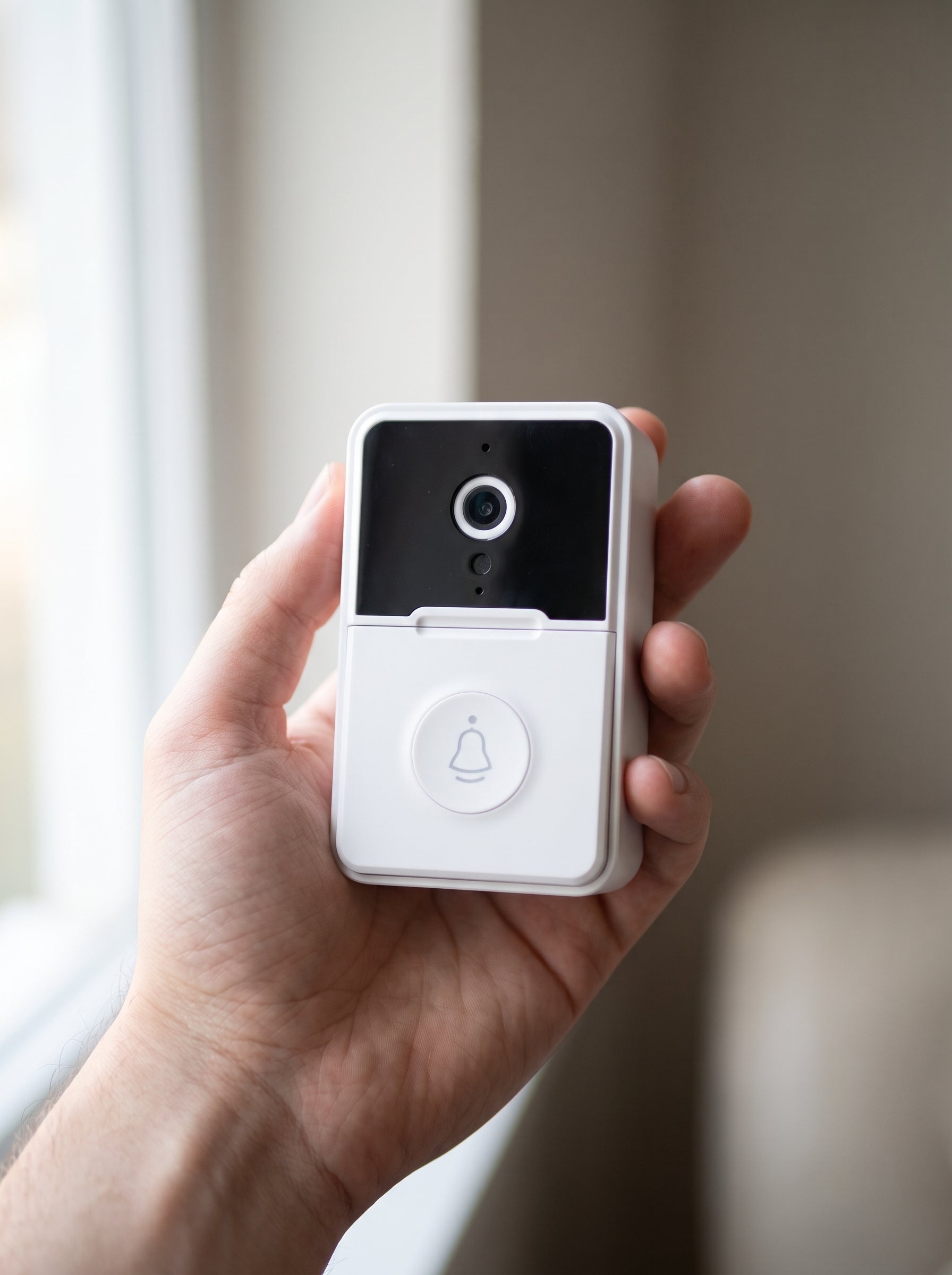 Timbre inteligente con cámara WiFi Nido sostenido en la mano