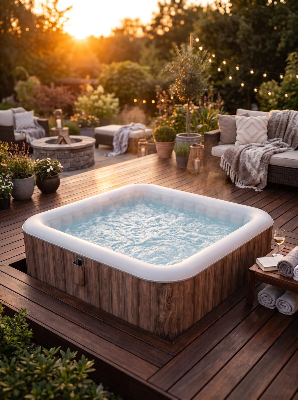 Jacuzzi inflable Avenli Boston Nido instalado en una terraza de madera