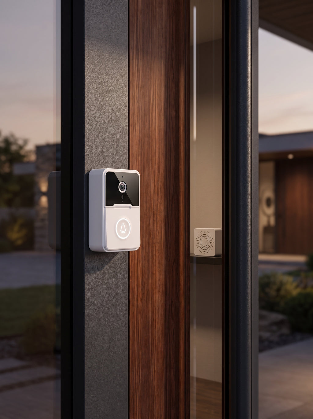 Timbre inteligente con cámara WiFi Nido instalado en la puerta de entrada