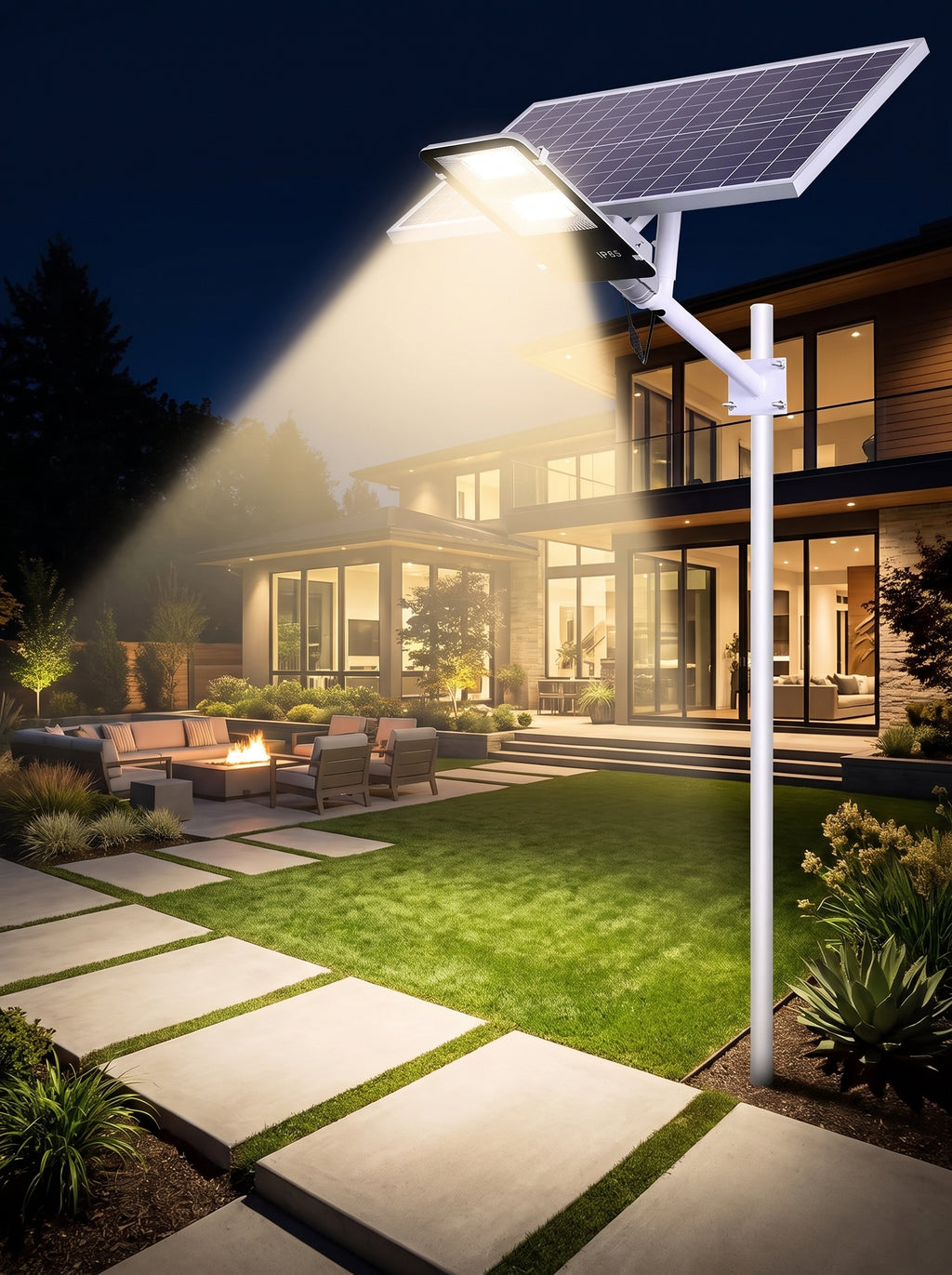 Foco solar LED 200W Nido iluminando un exterior de noche